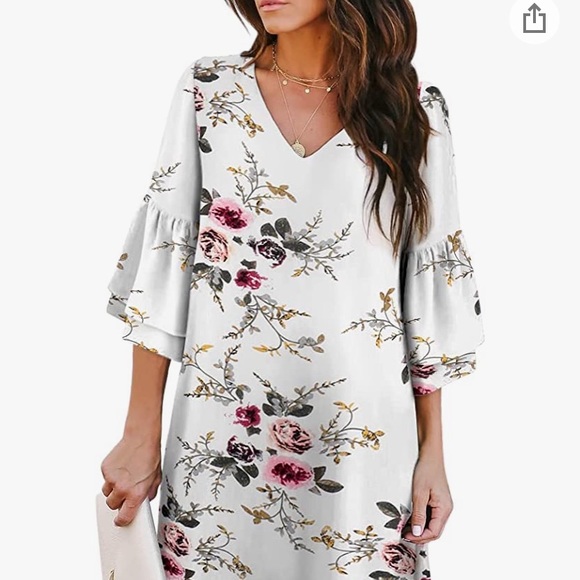 Amazon Dresses & Skirts - Belongsci White Floral Vneck Bell Sleeve Shift Dress